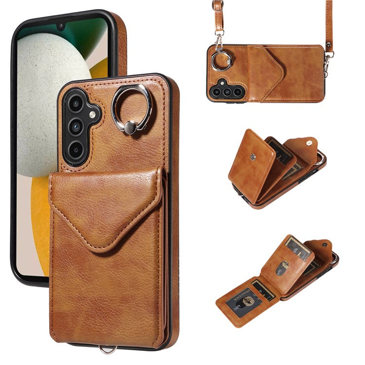 005 For Samsung Galaxy A15 5G Case PU Leather Crossbody Back Cover Finger Ring Holder - Brown