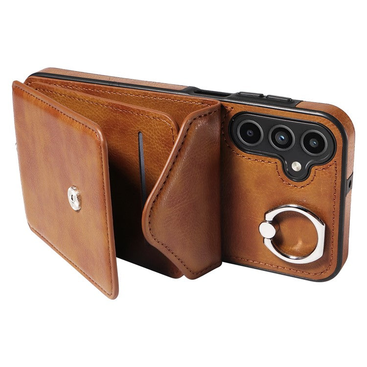005 For Samsung Galaxy A15 5G Case PU Leather Crossbody Back Cover Finger Ring Holder - Brown