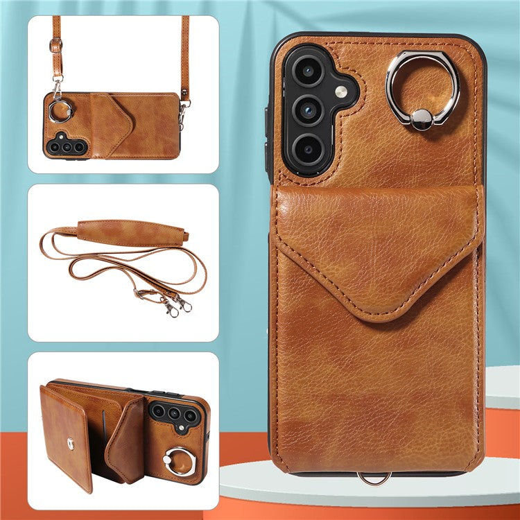 005 For Samsung Galaxy A15 5G Case PU Leather Crossbody Back Cover Finger Ring Holder - Brown