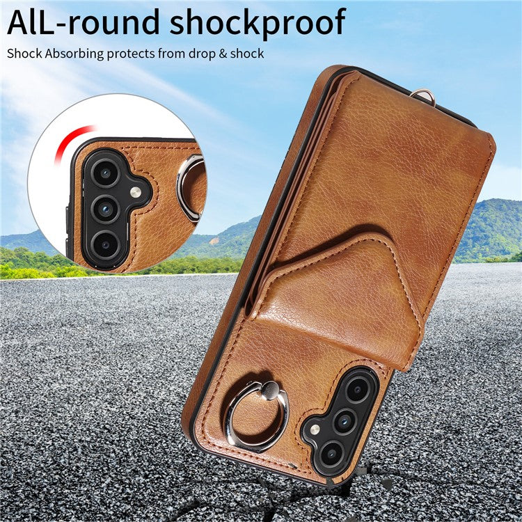 005 For Samsung Galaxy A15 5G Case PU Leather Crossbody Back Cover Finger Ring Holder - Brown