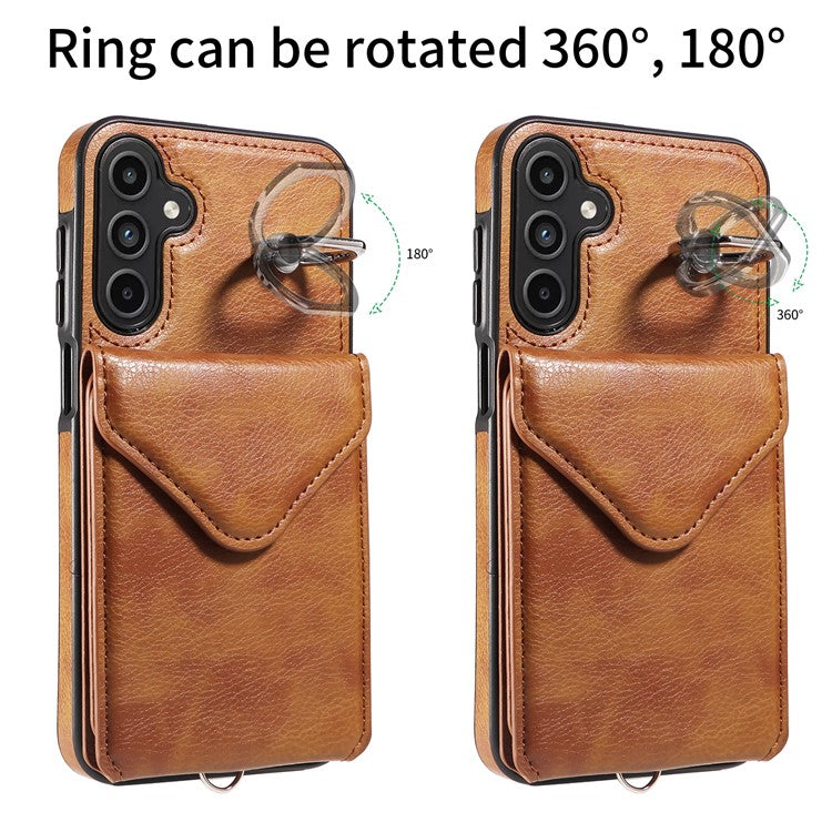 005 For Samsung Galaxy A15 5G Case PU Leather Crossbody Back Cover Finger Ring Holder - Brown