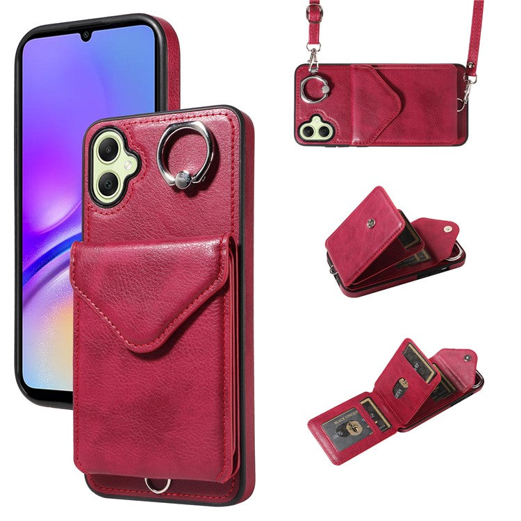 005 For Samsung Galaxy A05 4G Case Card Holder Litichi Grain Leather+TPU Crossbody Phone Cover - Wine Red