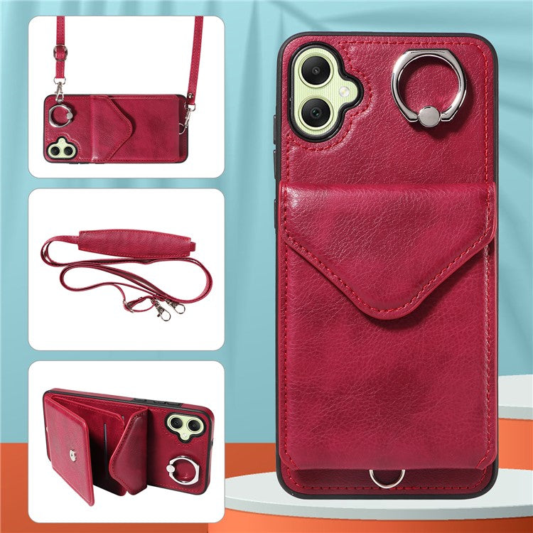 005 For Samsung Galaxy A05 4G Case Card Holder Litichi Grain Leather+TPU Crossbody Phone Cover - Wine Red