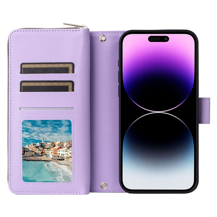 R20 For iPhone 14 Pro Case Zipper Pocket PU Leather Cover with 9 Card Slots - Purple