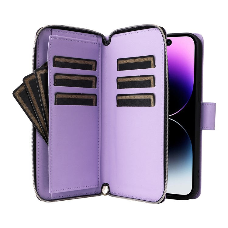 R20 For iPhone 14 Pro Case Zipper Pocket PU Leather Cover with 9 Card Slots - Purple