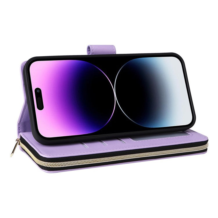 R20 For iPhone 14 Pro Case Zipper Pocket PU Leather Cover with 9 Card Slots - Purple