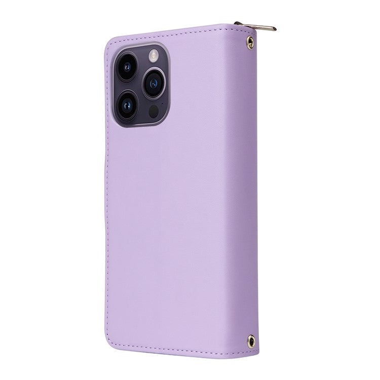 R20 For iPhone 14 Pro Case Zipper Pocket PU Leather Cover with 9 Card Slots - Purple