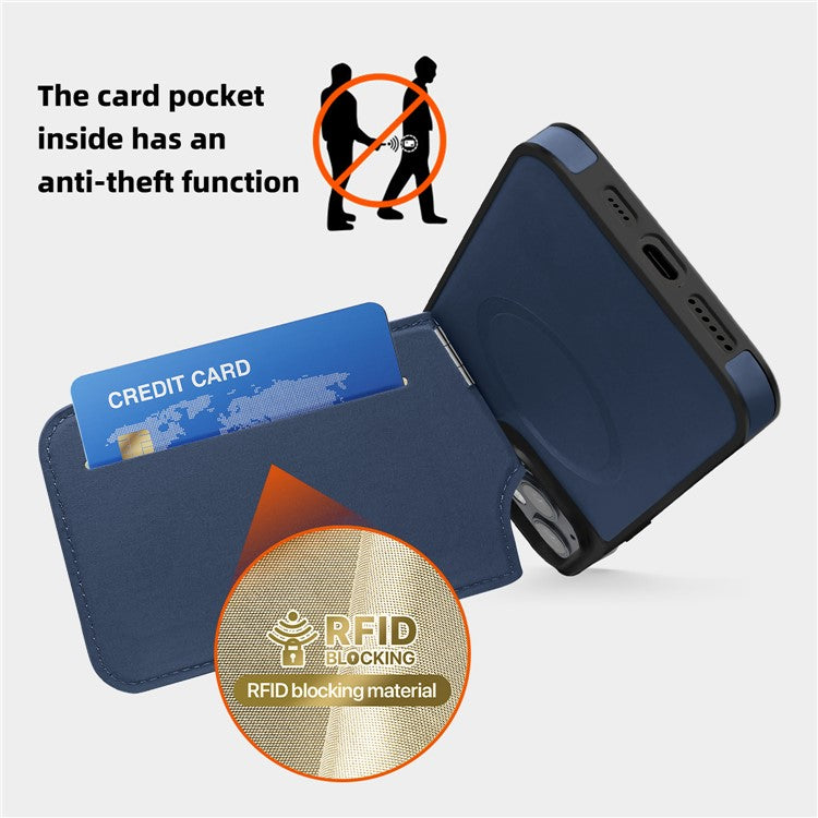 For iPhone 14 Plus Case Compatible with MagSafe RFID Blocking Card Slot Leather Back Cover - Blue