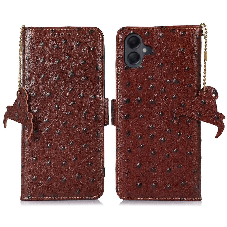 For Samsung Galaxy A06 Case RFID Blocking Genuine Cow Leather Phone Case Ostrich Texture - Coffee
