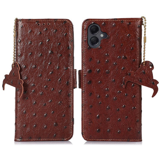 For Samsung Galaxy A06 Case RFID Blocking Genuine Cow Leather Phone Case Ostrich Texture - Coffee