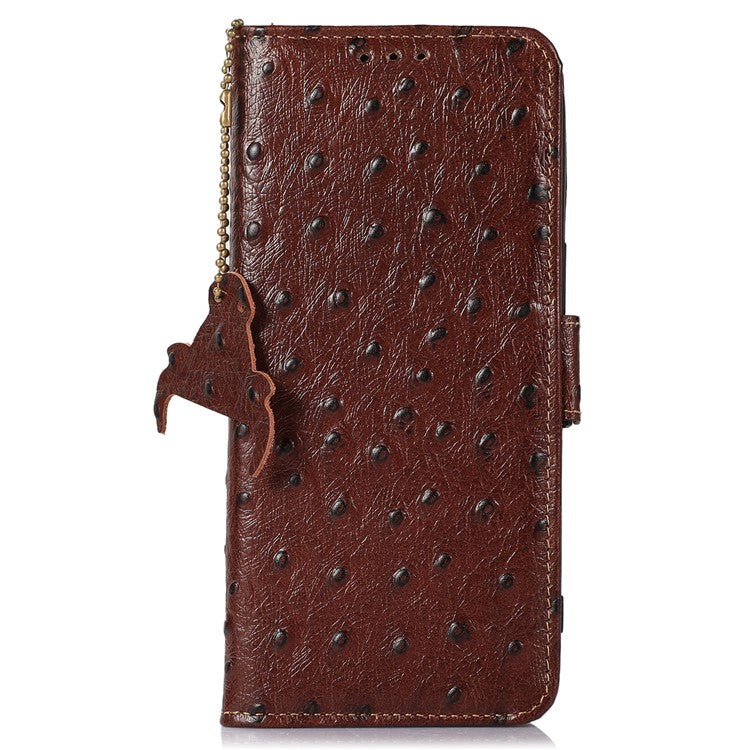For Samsung Galaxy A06 Case RFID Blocking Genuine Cow Leather Phone Case Ostrich Texture - Coffee