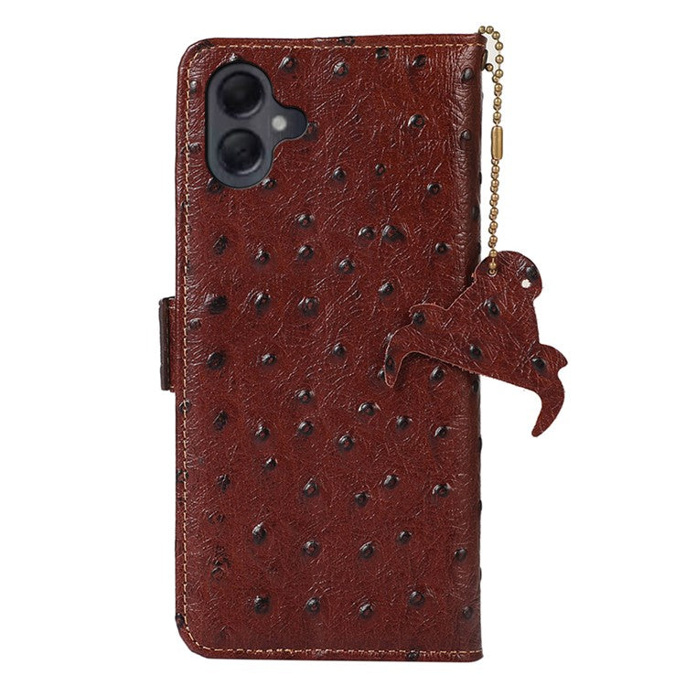 For Samsung Galaxy A06 Case RFID Blocking Genuine Cow Leather Phone Case Ostrich Texture - Coffee