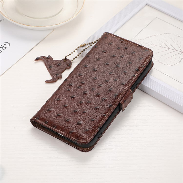 For Samsung Galaxy A06 Case RFID Blocking Genuine Cow Leather Phone Case Ostrich Texture - Coffee