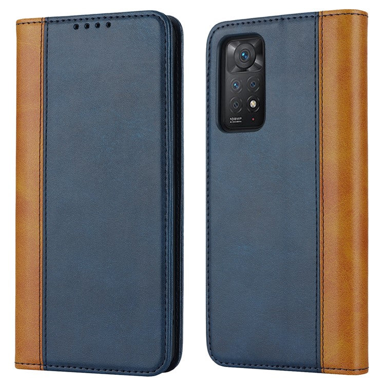 For Xiaomi Redmi Note 11 Pro Case Calf Texture 3 Card Slots Color Splicing Leather Phone Cover - Blue+Yellow
