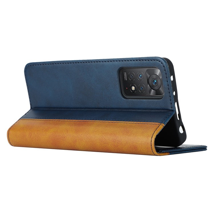 For Xiaomi Redmi Note 11 Pro Case Calf Texture 3 Card Slots Color Splicing Leather Phone Cover - Blue+Yellow