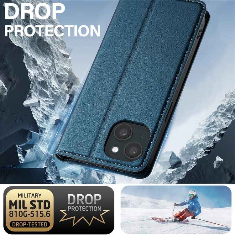 LC.IMEEKE L1 Series for iPhone 14 / 13 Case PU Leather Wallet Stand Protective Phone Cover - Blue