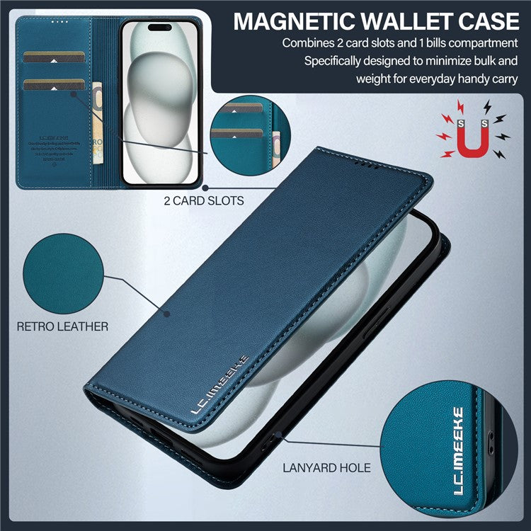 LC.IMEEKE L1 Series for iPhone 14 / 13 Case PU Leather Wallet Stand Protective Phone Cover - Blue