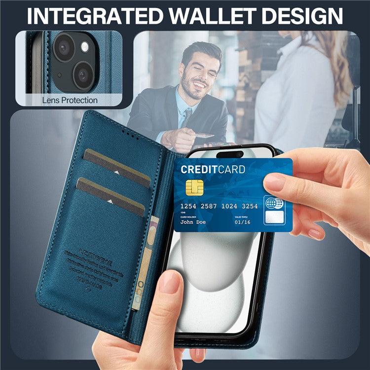 LC.IMEEKE L1 Series for iPhone 14 / 13 Case PU Leather Wallet Stand Protective Phone Cover - Blue