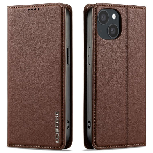 LC.IMEEKE L1 Series for iPhone 14 / 13 Case PU Leather Wallet Stand Protective Phone Cover - Brown