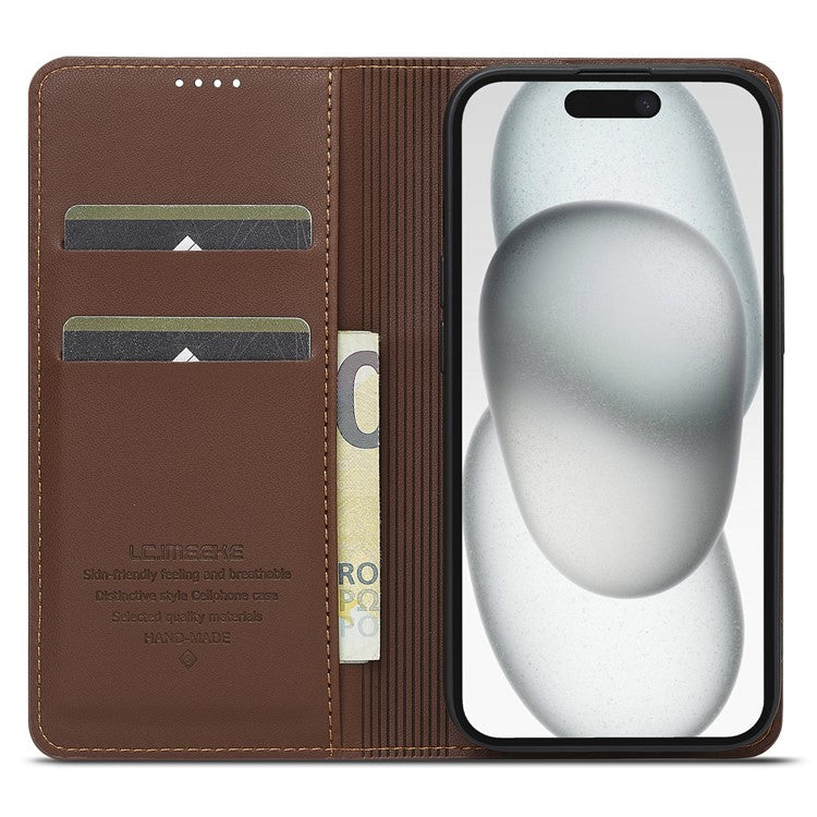 LC.IMEEKE L1 Series for iPhone 14 / 13 Case PU Leather Wallet Stand Protective Phone Cover - Brown