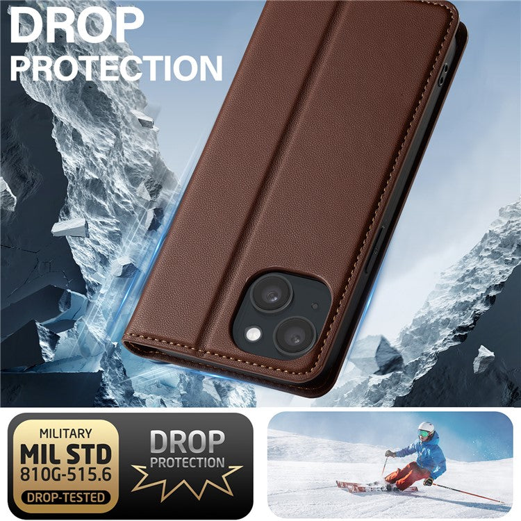 LC.IMEEKE L1 Series for iPhone 14 / 13 Case PU Leather Wallet Stand Protective Phone Cover - Brown