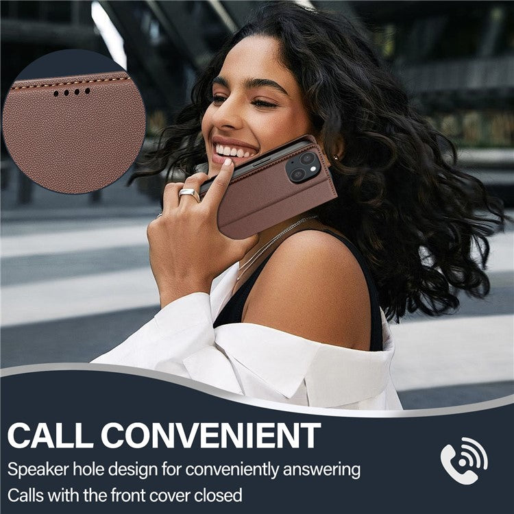 LC.IMEEKE L1 Series for iPhone 14 / 13 Case PU Leather Wallet Stand Protective Phone Cover - Brown