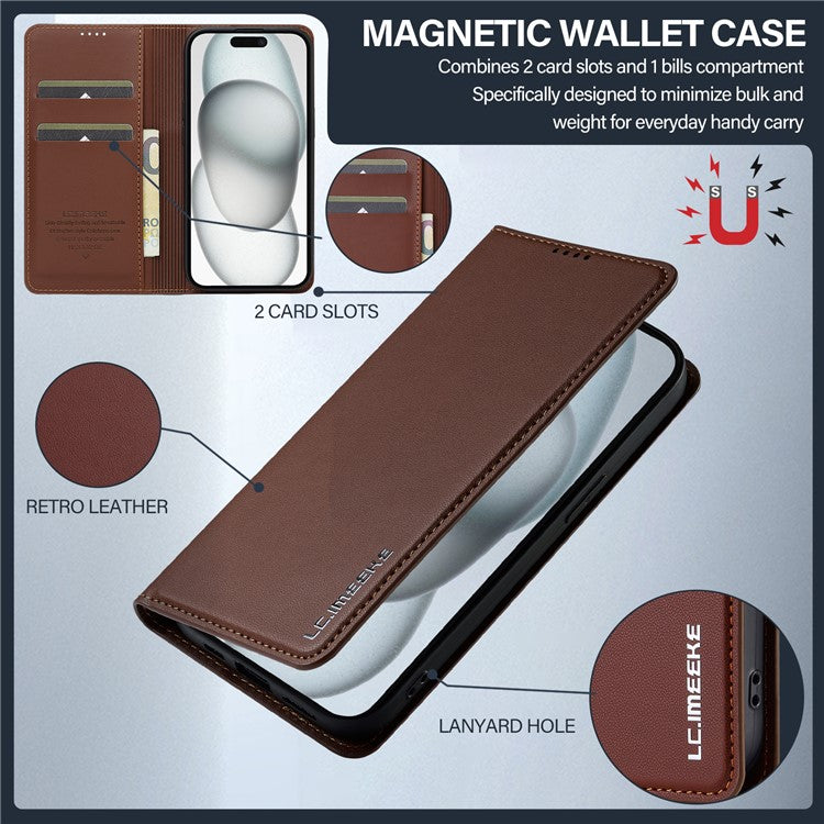 LC.IMEEKE L1 Series for iPhone 14 / 13 Case PU Leather Wallet Stand Protective Phone Cover - Brown