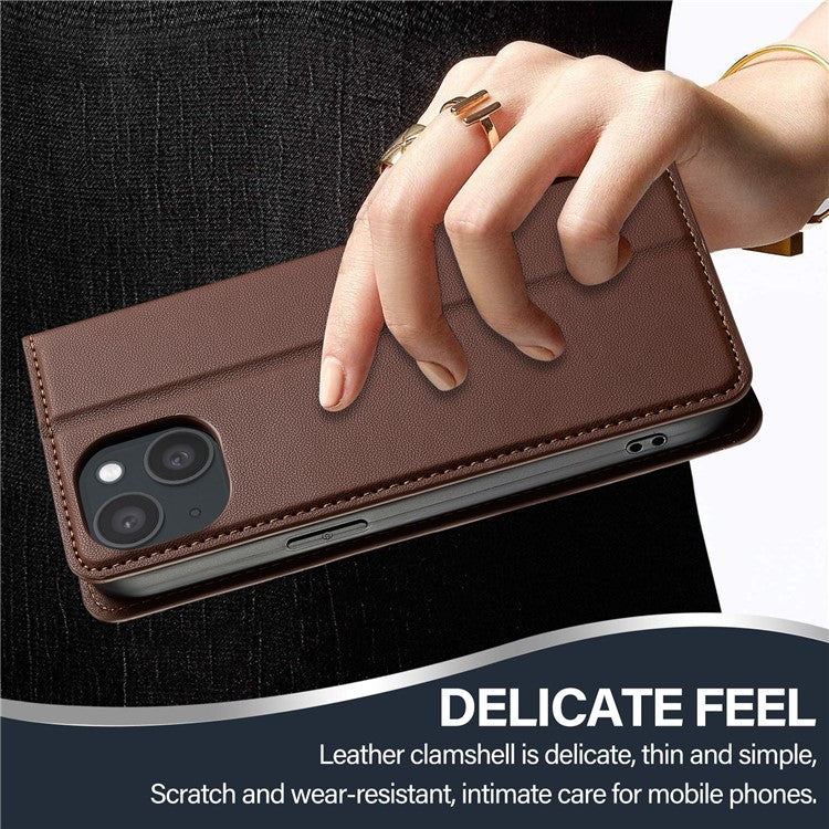 LC.IMEEKE L1 Series for iPhone 14 / 13 Case PU Leather Wallet Stand Protective Phone Cover - Brown