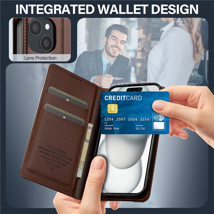 LC.IMEEKE L1 Series for iPhone 14 / 13 Case PU Leather Wallet Stand Protective Phone Cover - Brown
