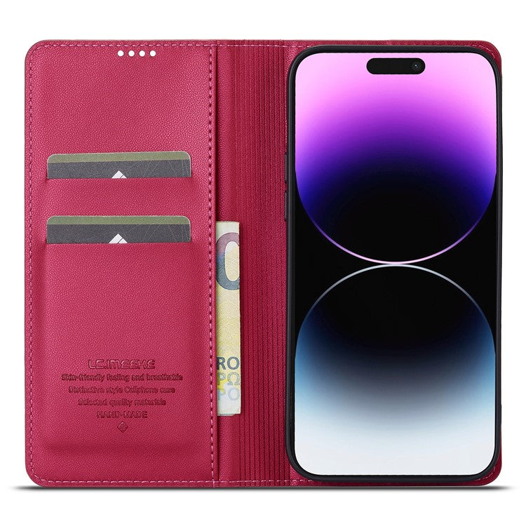 LC.IMEEKE L1 Series for iPhone 14 Pro Case PU Leather Wallet Stand Protective Phone Cover - Red