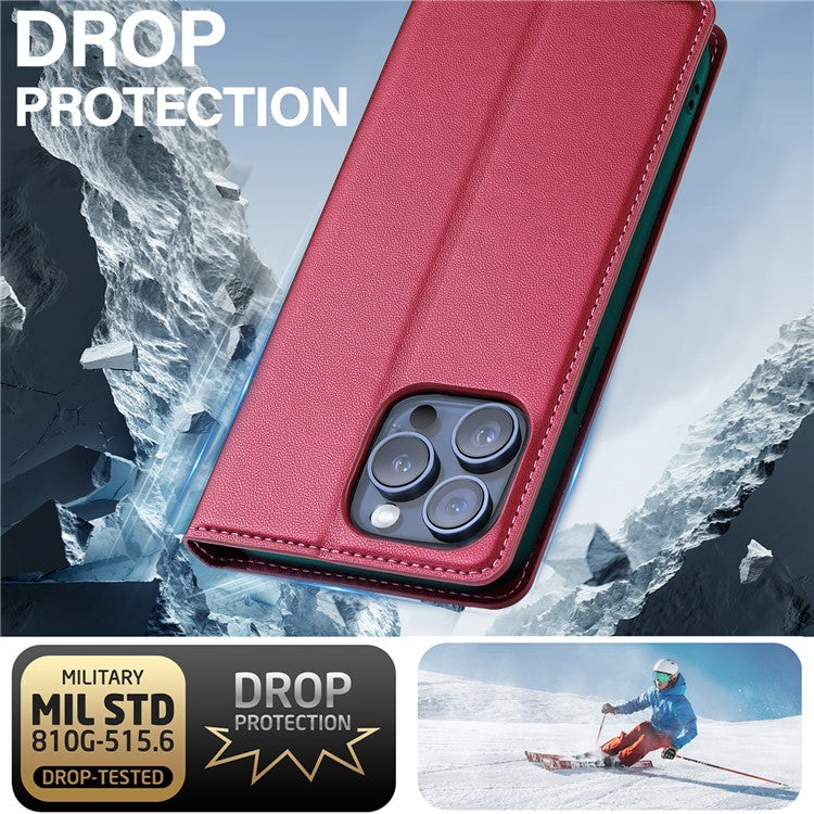 LC.IMEEKE L1 Series for iPhone 14 Pro Case PU Leather Wallet Stand Protective Phone Cover - Red