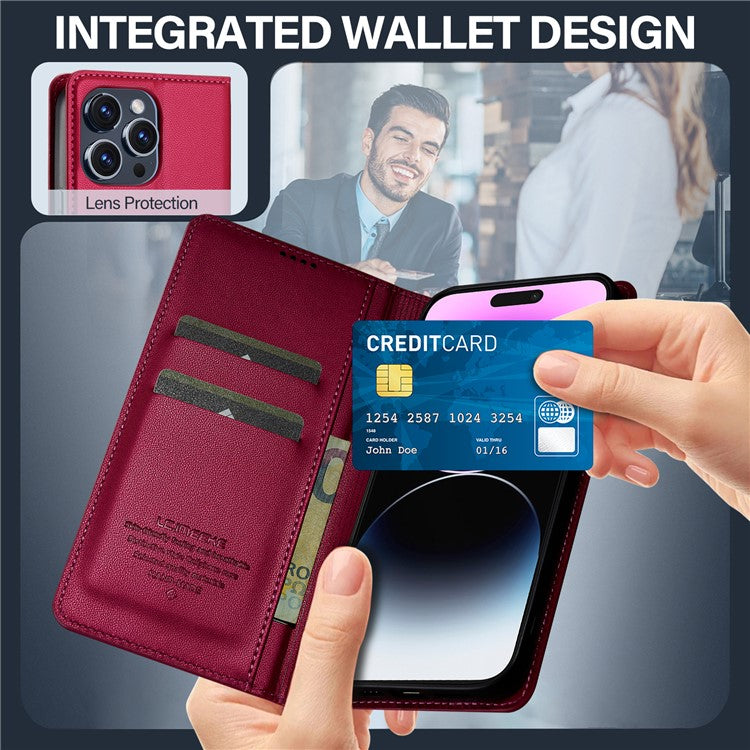 LC.IMEEKE L1 Series for iPhone 14 Pro Case PU Leather Wallet Stand Protective Phone Cover - Red