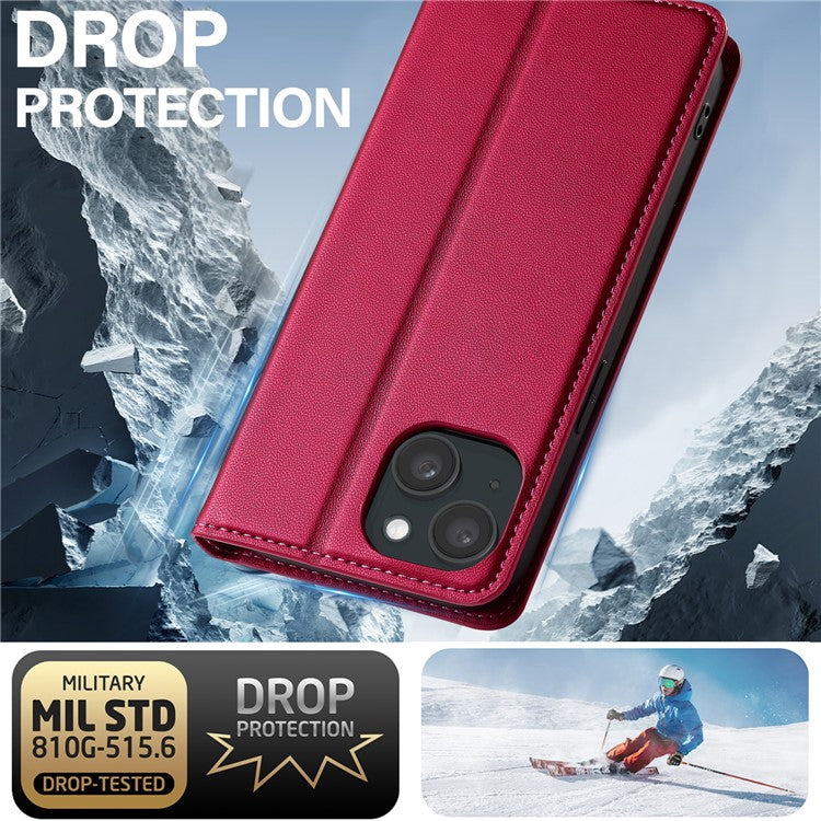 LC.IMEEKE L1 Series for iPhone 14 Plus Case PU Leather Wallet Stand Protective Phone Cover - Red