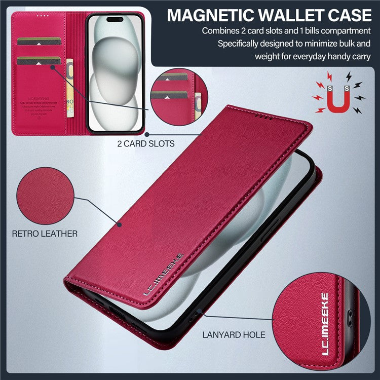 LC.IMEEKE L1 Series for iPhone 14 Plus Case PU Leather Wallet Stand Protective Phone Cover - Red