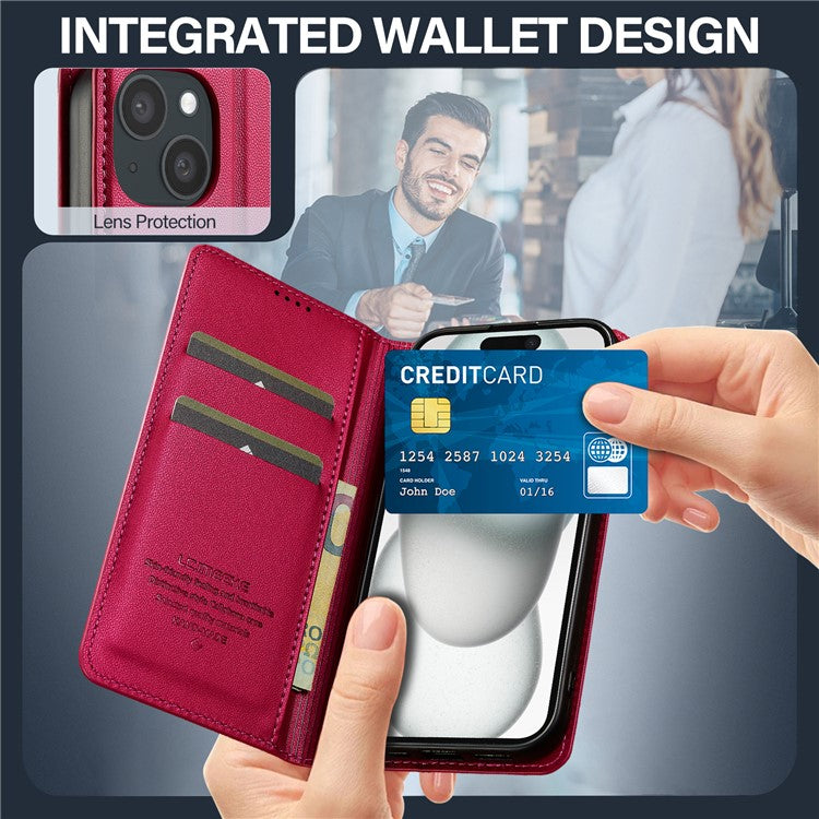 LC.IMEEKE L1 Series for iPhone 14 Plus Case PU Leather Wallet Stand Protective Phone Cover - Red