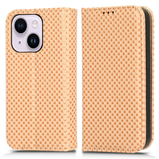Protective Case for iPhone 14 Plus Wallet Phone Case Magnetic Auto-absorbed Anti-Fall Case Grid Texture PU Leather Cover with Stand - Beige