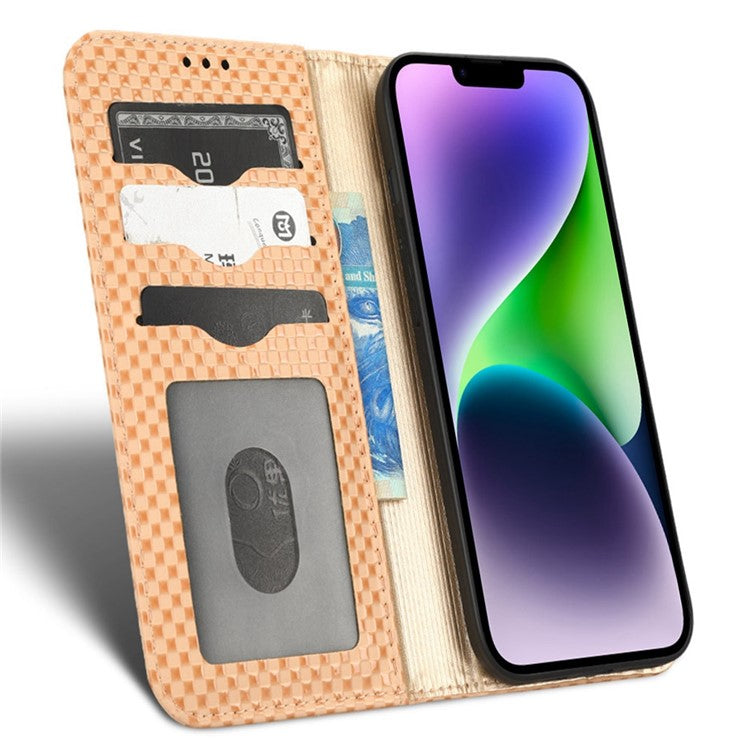 Protective Case for iPhone 14 Plus Wallet Phone Case Magnetic Auto-absorbed Anti-Fall Case Grid Texture PU Leather Cover with Stand - Beige