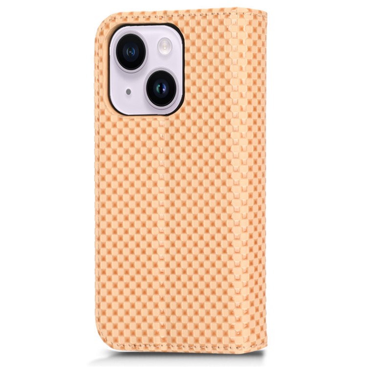 Protective Case for iPhone 14 Plus Wallet Phone Case Magnetic Auto-absorbed Anti-Fall Case Grid Texture PU Leather Cover with Stand - Beige