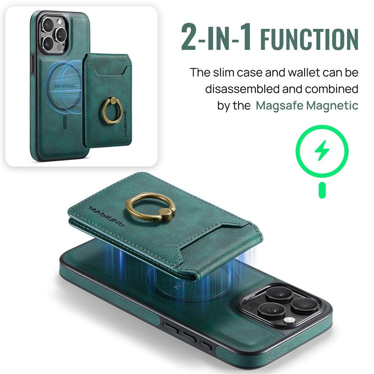 MAGKING K1 Series For iPhone 14 Pro Magnetic Case PC+TPU+PU Phone Cover with Card Holder Kickstand - Green