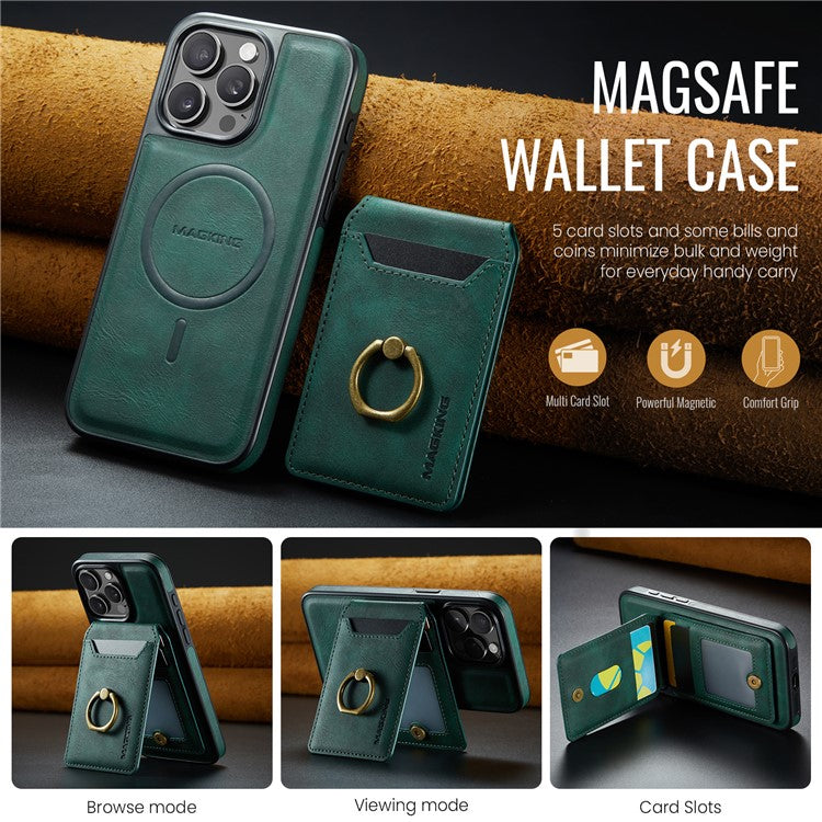 MAGKING K1 Series For iPhone 14 Pro Magnetic Case PC+TPU+PU Phone Cover with Card Holder Kickstand - Green