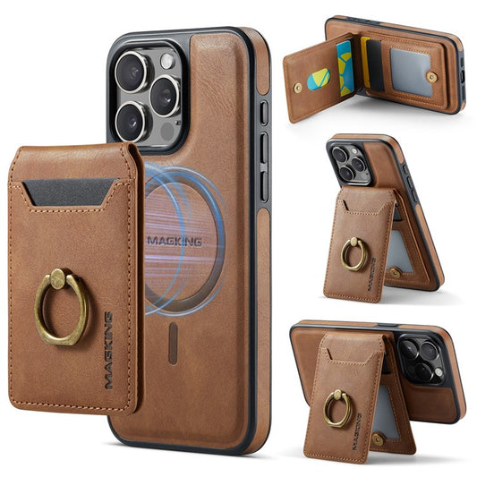 MAGKING K1 Series For iPhone 14 Pro Max Magnetic Case PC+TPU+PU Phone Cover with Card Holder Kickstand - Brown