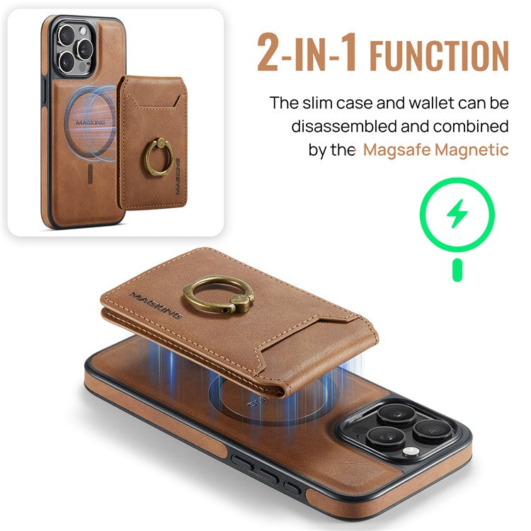 MAGKING K1 Series For iPhone 14 Pro Max Magnetic Case PC+TPU+PU Phone Cover with Card Holder Kickstand - Brown