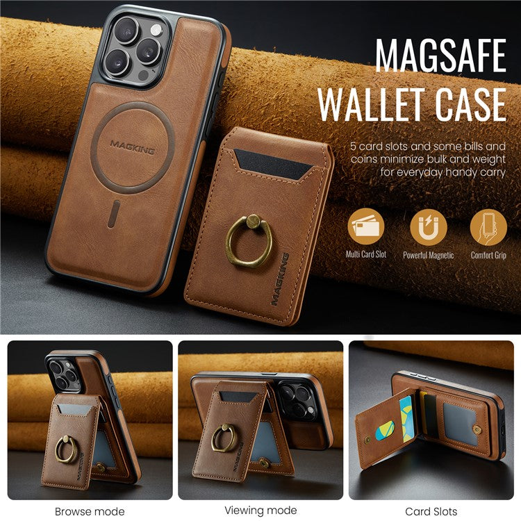 MAGKING K1 Series For iPhone 14 Pro Max Magnetic Case PC+TPU+PU Phone Cover with Card Holder Kickstand - Brown