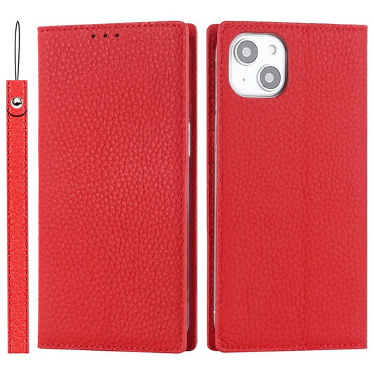 Cell Phone Case Wallet for iPhone 14 Plus, Litchi Texture Genuine Leather Stand RFID Blocking Auto-absorbed Protective Cover - Red