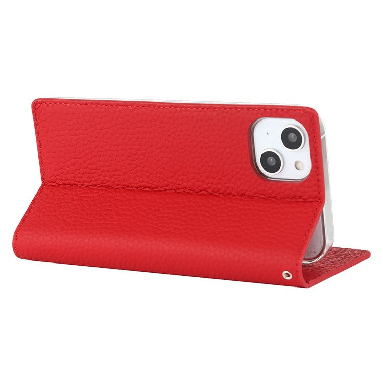 Cell Phone Case Wallet for iPhone 14 Plus, Litchi Texture Genuine Leather Stand RFID Blocking Auto-absorbed Protective Cover - Red