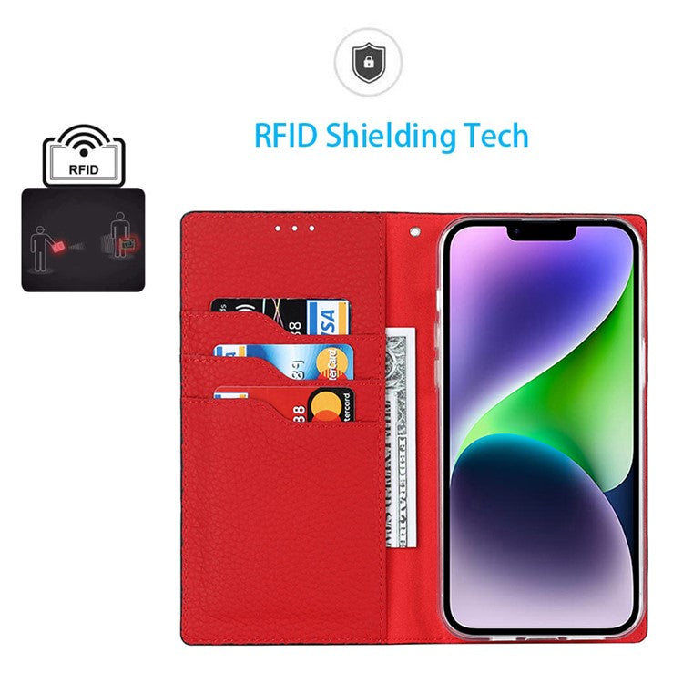 Cell Phone Case Wallet for iPhone 14 Plus, Litchi Texture Genuine Leather Stand RFID Blocking Auto-absorbed Protective Cover - Red