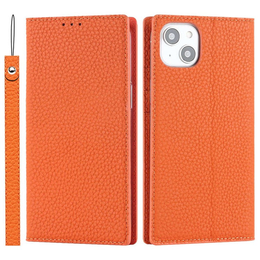 Cell Phone Case Wallet for iPhone 14 Plus, Litchi Texture Genuine Leather Stand RFID Blocking Auto-absorbed Protective Cover - Orange