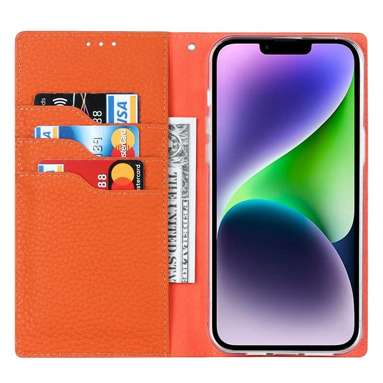 Cell Phone Case Wallet for iPhone 14 Plus, Litchi Texture Genuine Leather Stand RFID Blocking Auto-absorbed Protective Cover - Orange