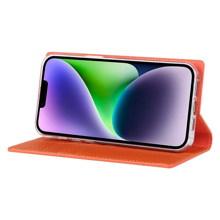 Cell Phone Case Wallet for iPhone 14 Plus, Litchi Texture Genuine Leather Stand RFID Blocking Auto-absorbed Protective Cover - Orange