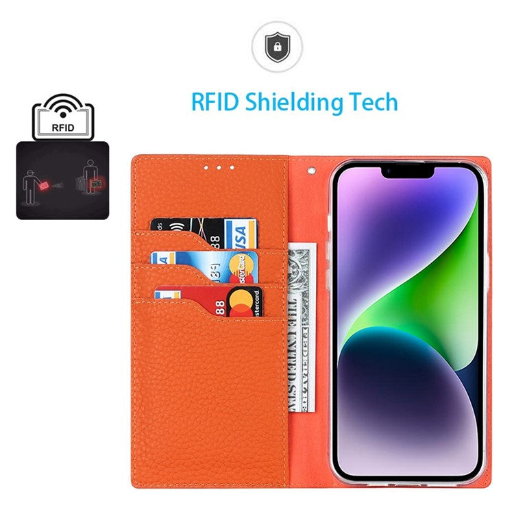 Cell Phone Case Wallet for iPhone 14 Plus, Litchi Texture Genuine Leather Stand RFID Blocking Auto-absorbed Protective Cover - Orange